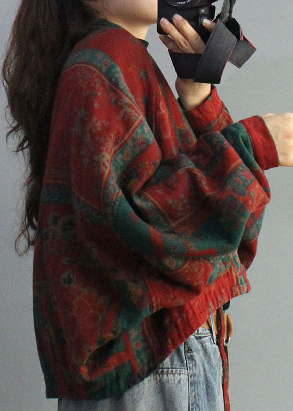 French Red Bat Wing Sleeve Print Low High Design Coat Winter