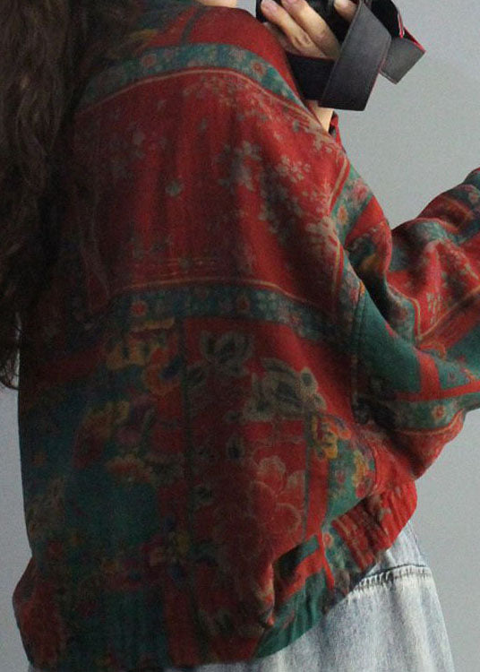 French Red Bat Wing Sleeve Print Low High Design Coat Winter