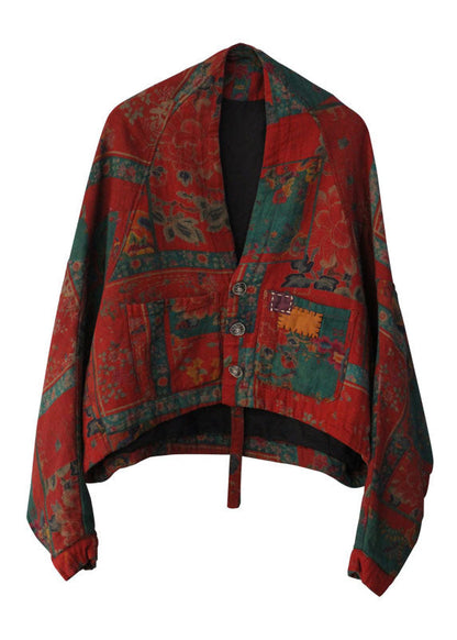 French Red Bat Wing Sleeve Print Low High Design Coat Winter