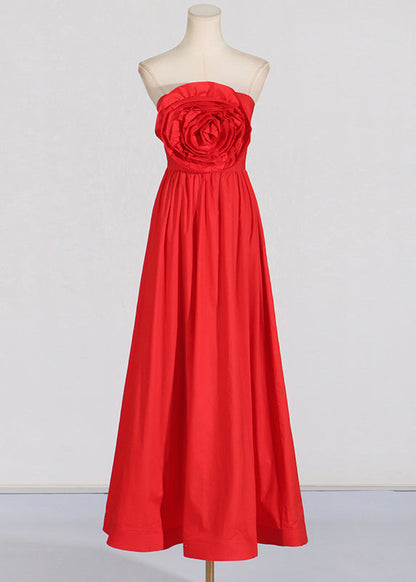 French Red Cold Shoulder Patchwork Rose Holiday Maxi Dress Summer