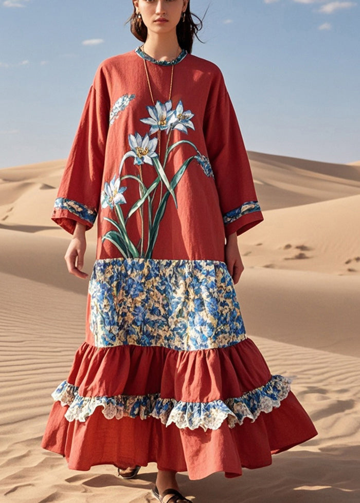 French Red Patchwork Ruffled Cotton Long Dresses Spring