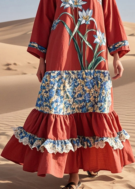 French Red Patchwork Ruffled Cotton Long Dresses Spring