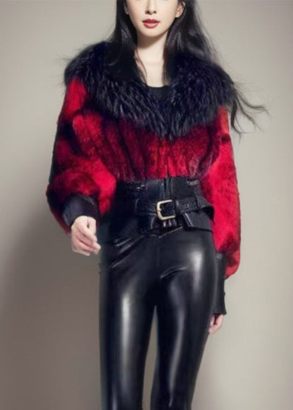French Red Fox Collar Patchwork Leather and Fur Coats Winter
