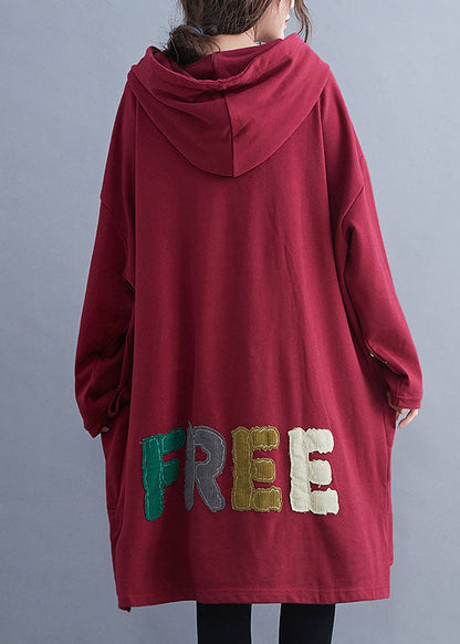 French Red Hooded Graphic Cotton Sweatshirt Dress Winter