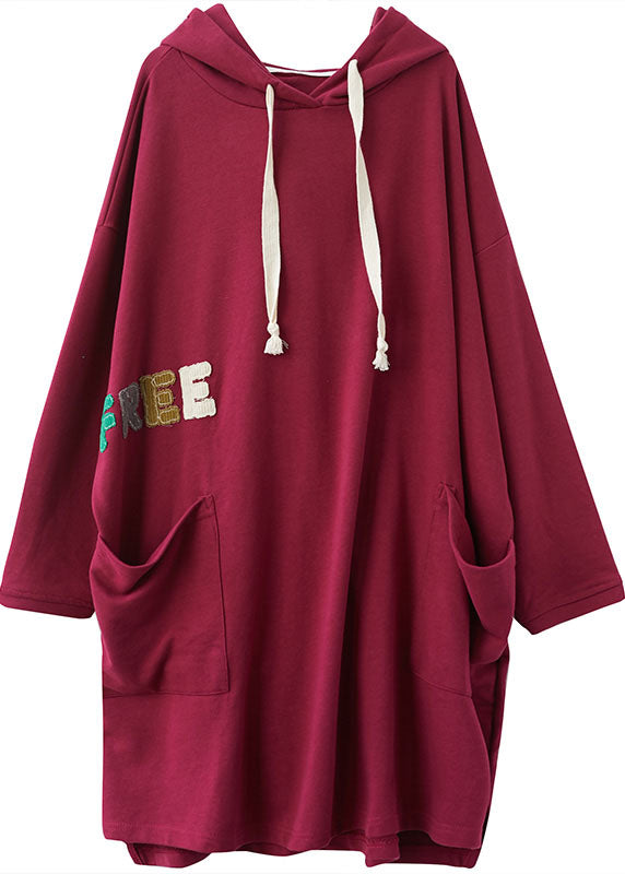 French Red Hooded Graphic Cotton Sweatshirt Dress Winter