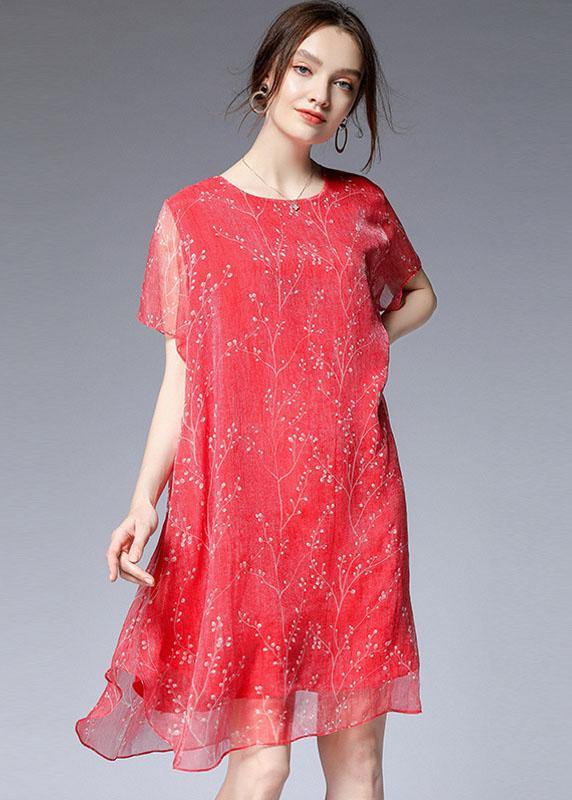 French Red O-neck Asymmetrical Design Summer Chiffon Dresses Short Sleeve