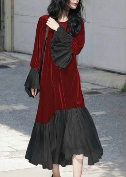 French Red O-neck Patchwork Silk Velvet Long Dress Flare Sleeve