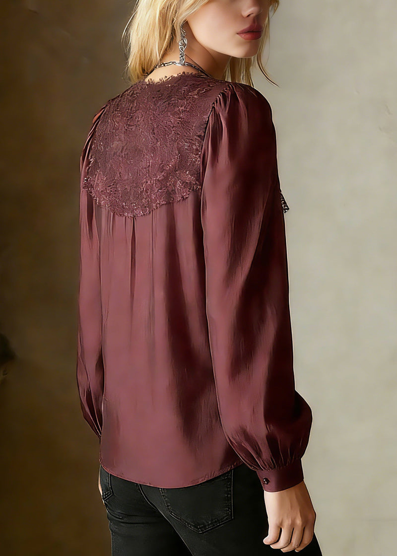 French Red O-neck Patchwork Tops Lantern Sleeve