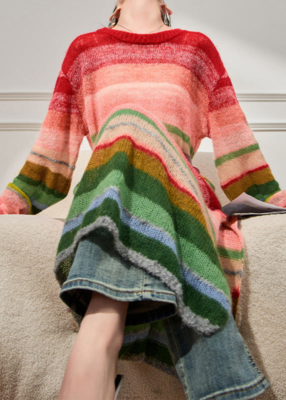 French Red O-neck Striped Sashes Knitted Cotton Thread Long Dress Spring