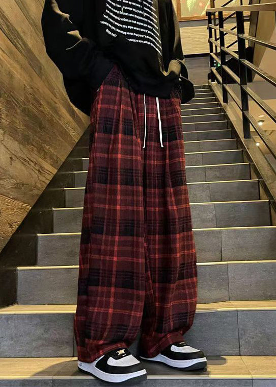 French Red Plaid Elastic Waist Warm Fleece Pants Spring