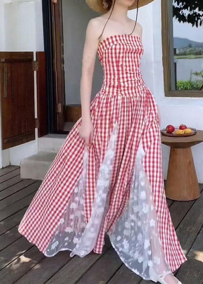 French Red Plaid Lace Patchwork Off the Shoulder Dress Summer