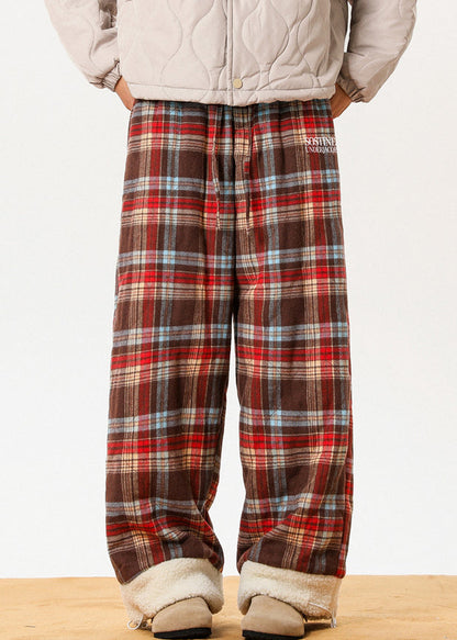 French Red Pockets Plaid Patchwork Warm Fleece Pants Winter