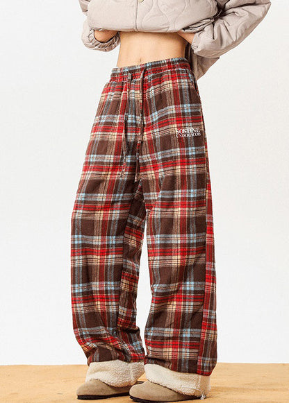 French Red Pockets Plaid Patchwork Warm Fleece Pants Winter