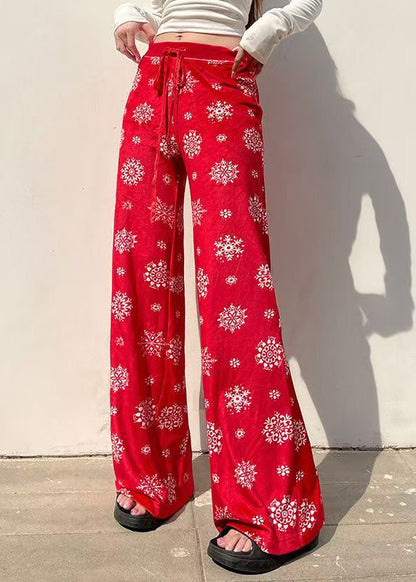 French Red Print Tie Waist Straight Pants Spring