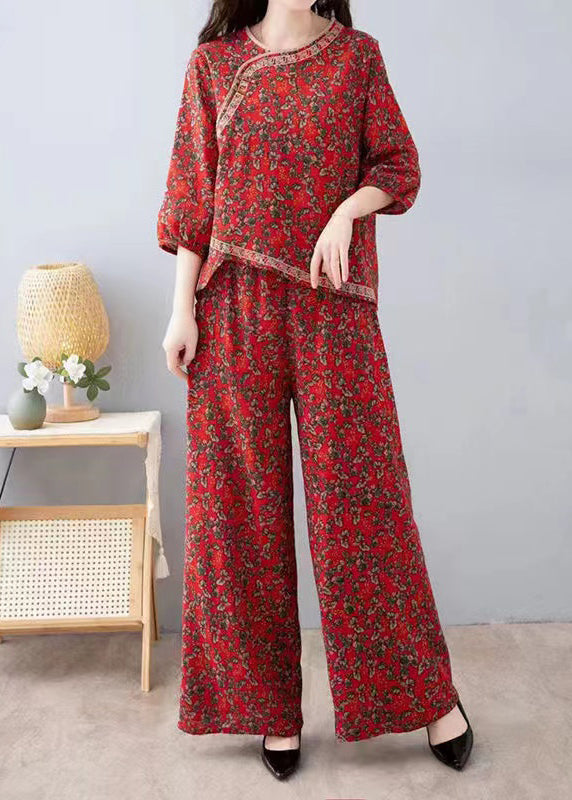 French Red Print Tops and Pants Cotton Two Pieces Set Half Sleeve