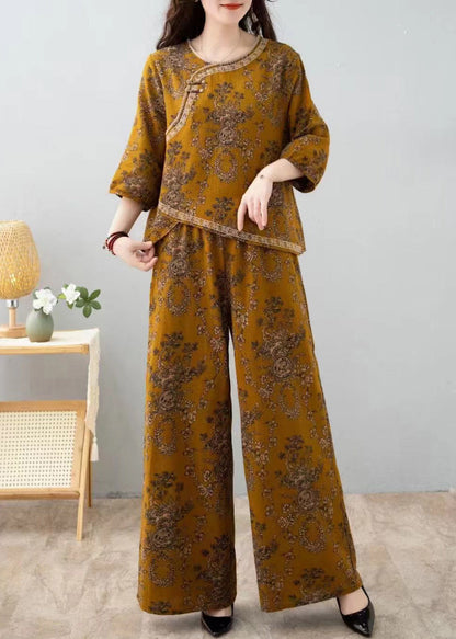 French Red Print Tops and Pants Cotton Two Pieces Set Half Sleeve