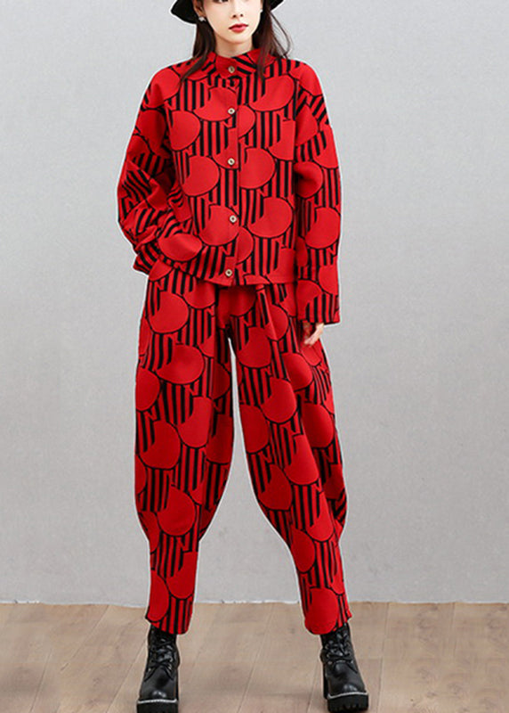French Red Stand Collar Shirts and Beam Pants Two Pieces Set Long Sleeve