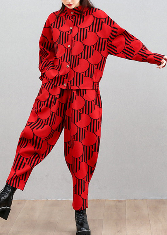 French Red Stand Collar Shirts and Beam Pants Two Pieces Set Long Sleeve