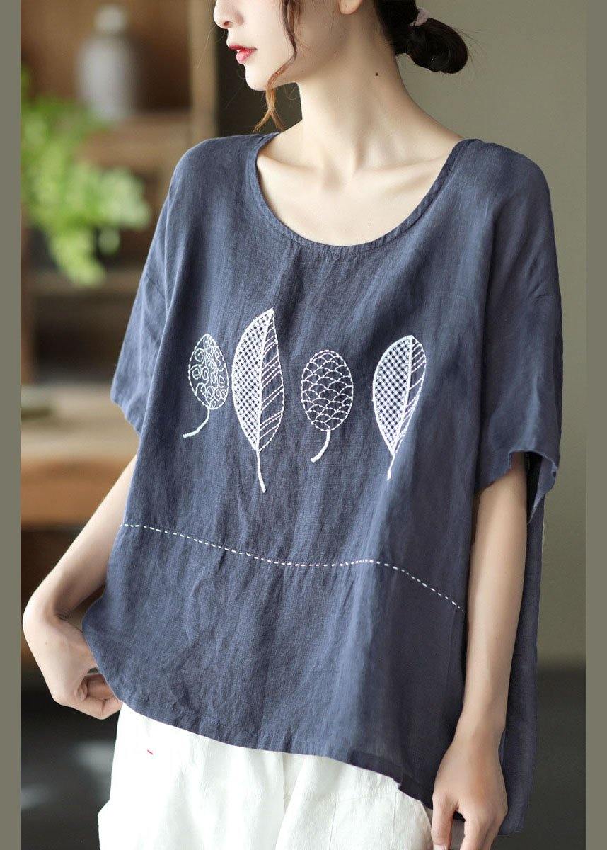 French Red Summer O-neck Embroideried Linen Half Sleeve T Shirt