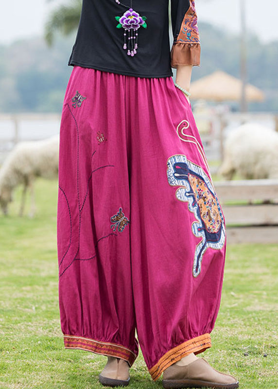 French Rose Embroideried Linen Harem Pants