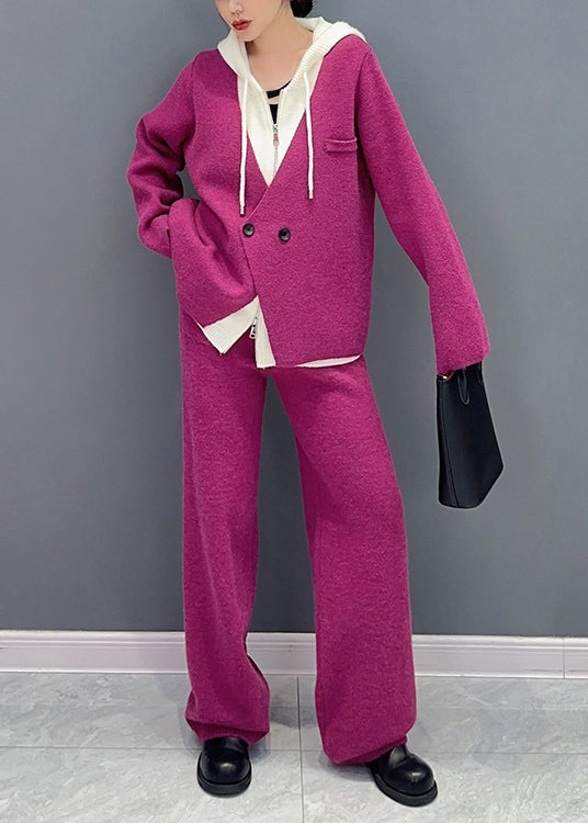 French Rose Hooded Tops and Pants Woolen Two Piece Suit Set Fall
