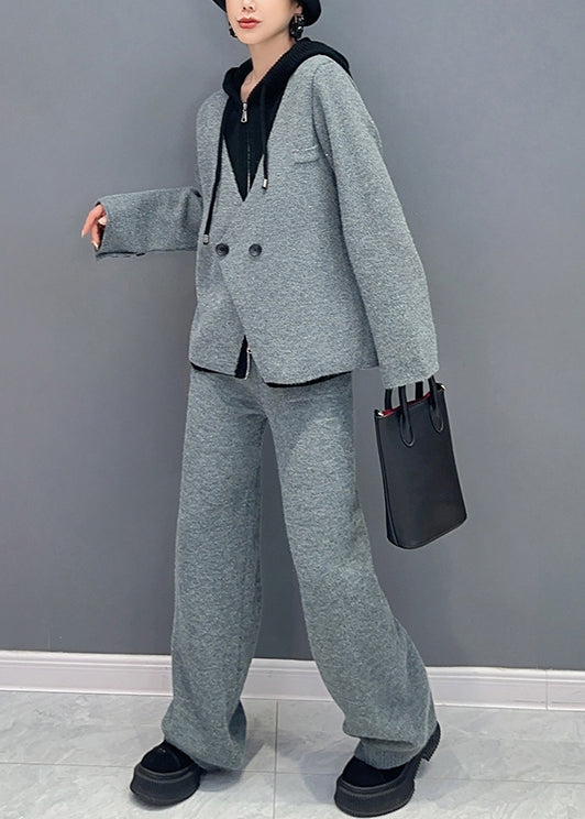 French Rose Hooded Tops and Pants Woolen Two Piece Suit Set Fall