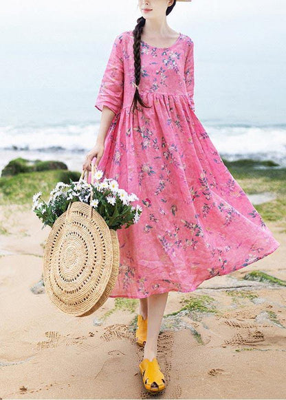 French Rose Print Cinched Pockets Maxi Summer Linen Dress