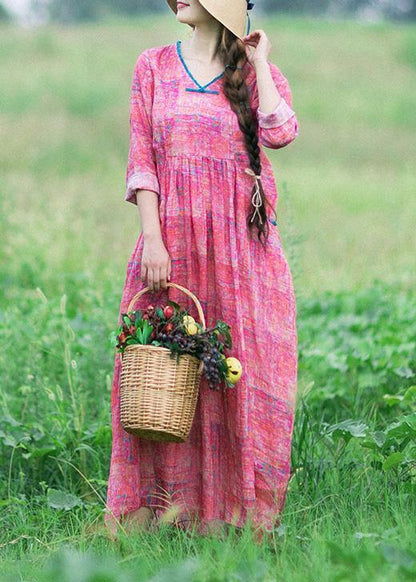 French Rose Print Clothes V Neck Patchwork Maxi Spring Dress