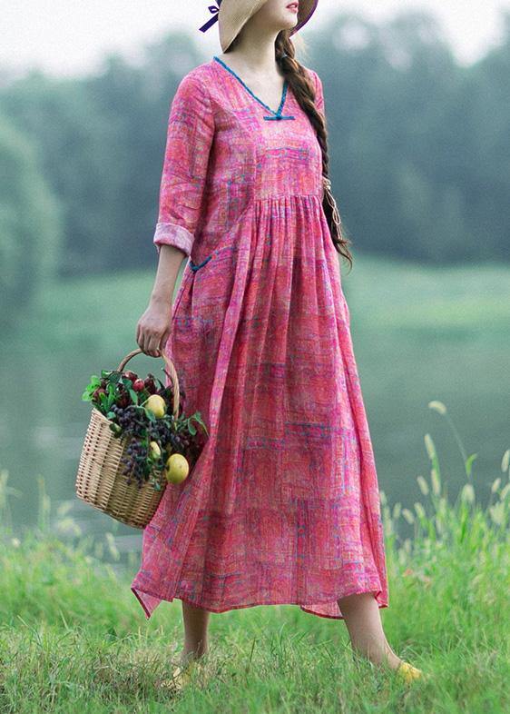 French Rose Print Clothes V Neck Patchwork Maxi Spring Dress