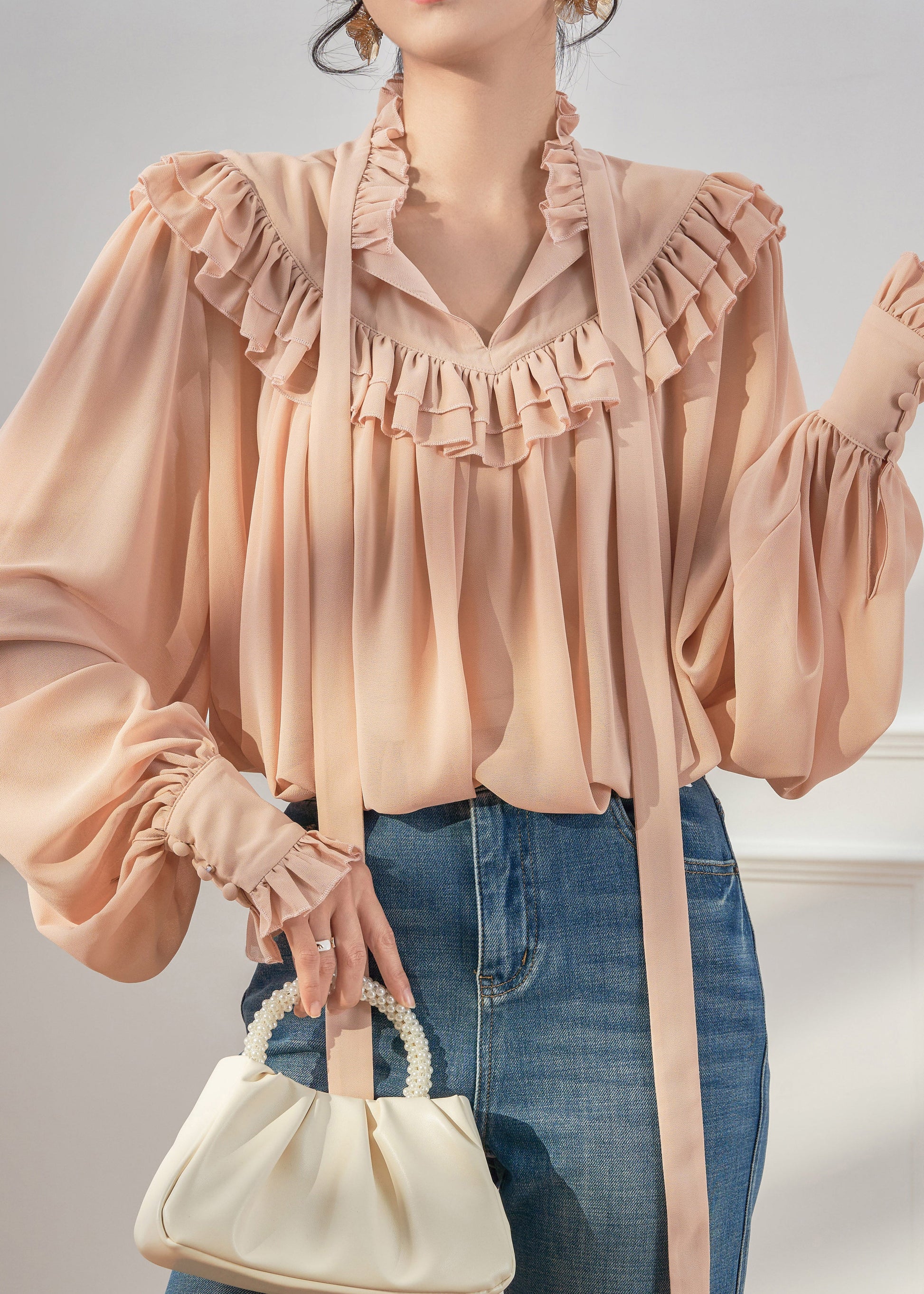French Ruffled Ribbon Solid Chiffon Shirts Spring