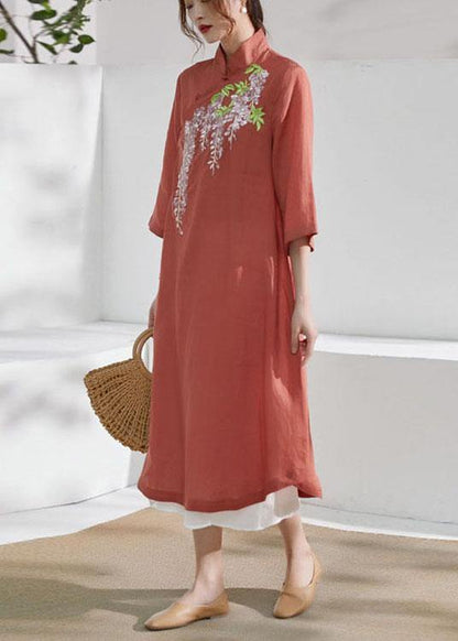 French Rust Embroideried Patchwork Button Summer Ramie Summer Dresses Half Sleeve