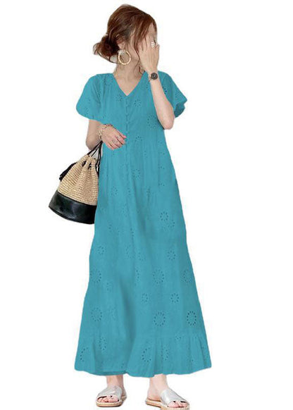 French Sky Blue V Neck Hollow Out Embroideried Cotton a Line Dress Summer