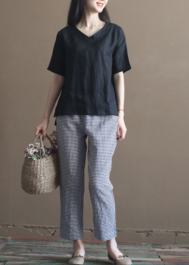 French Black V Neck Side Open Linen Tank Tops Half Sleeve