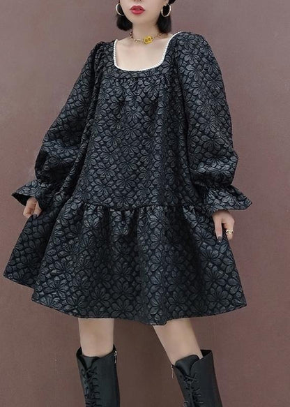 French Square Collar Patchwork Spring Tunic Sewing Black Flower Dress