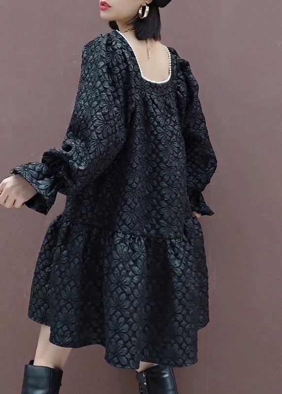 French Square Collar Patchwork Spring Tunic Sewing Black Flower Dress