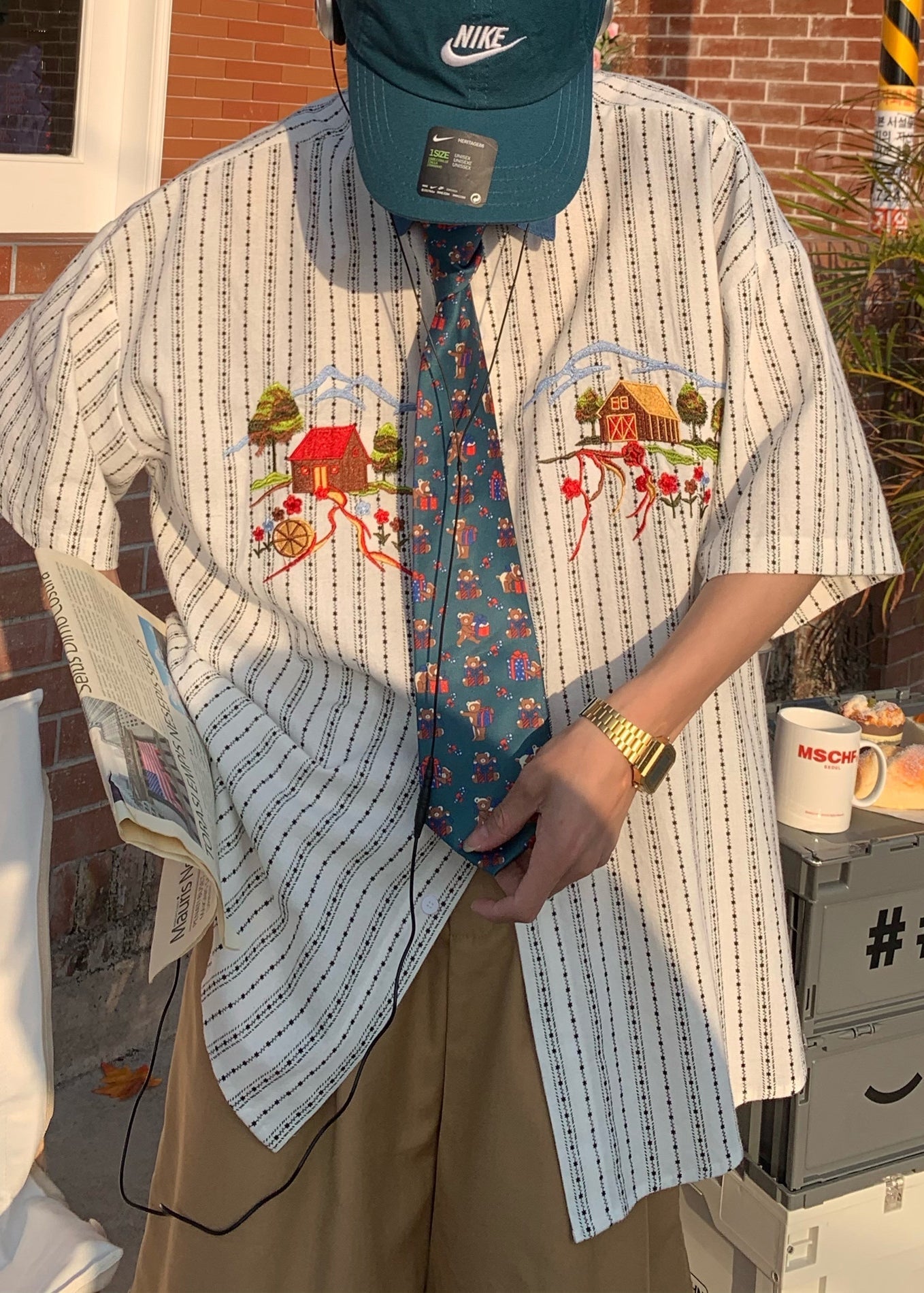 French Striped Embroideried Print Cotton Shirt Summer
