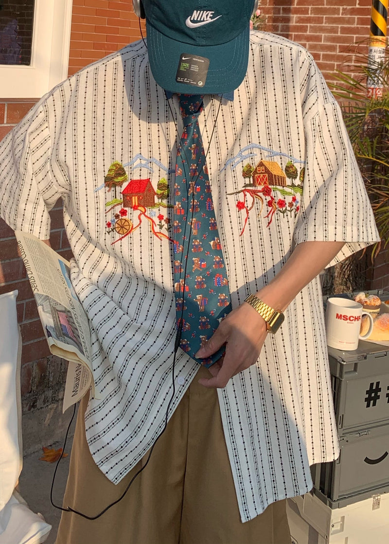 French Striped Embroideried Print Cotton Shirt Summer