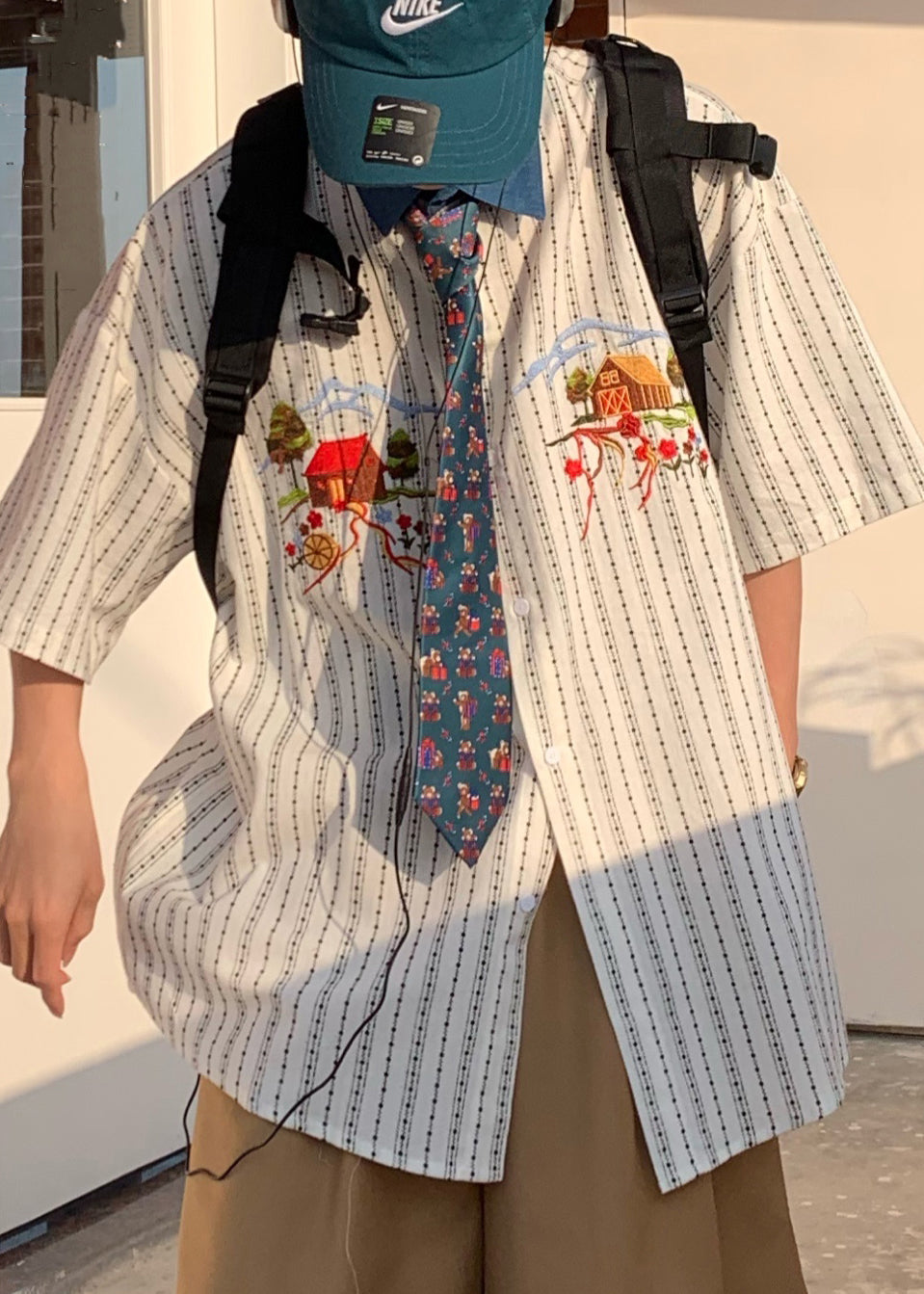 French Striped Embroideried Print Cotton Shirt Summer