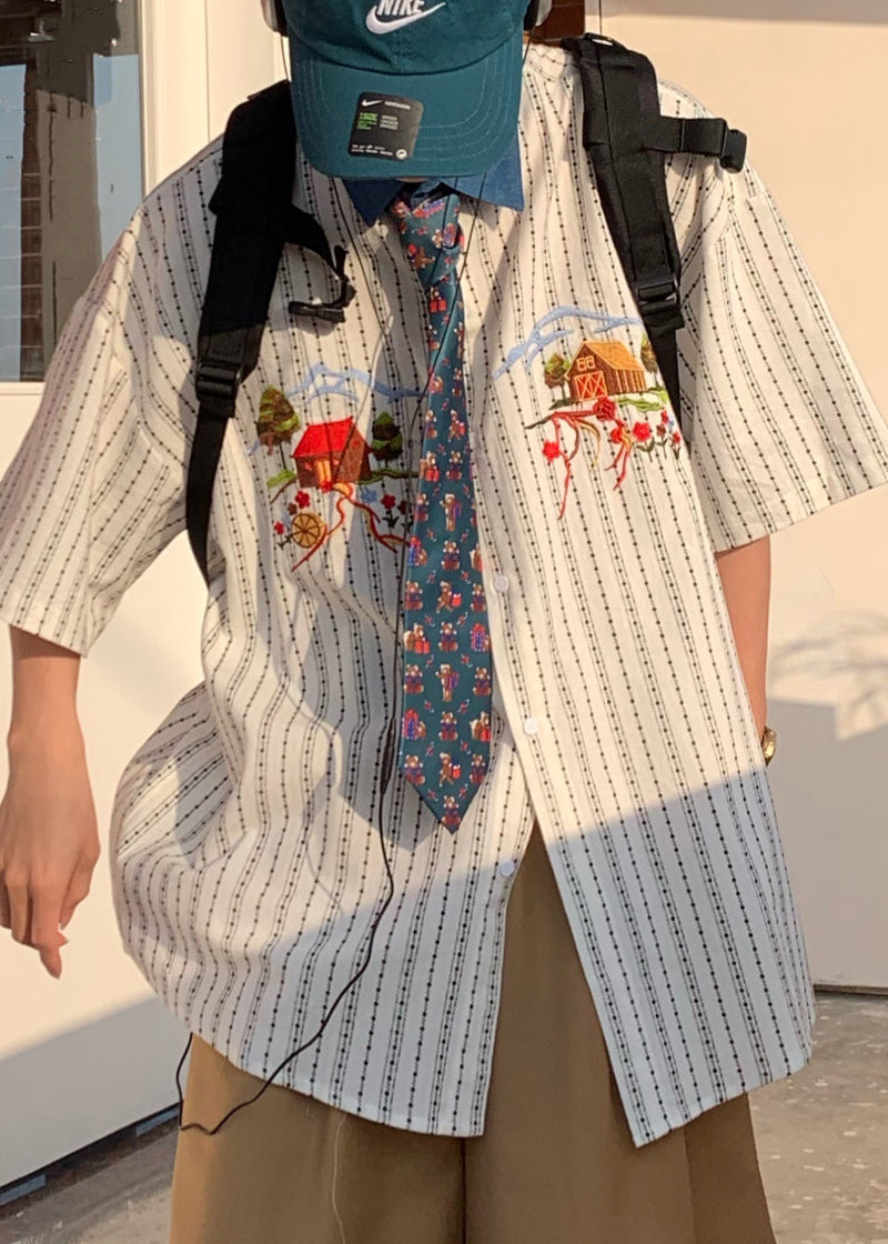 French Striped Embroideried Print Cotton Shirt Summer