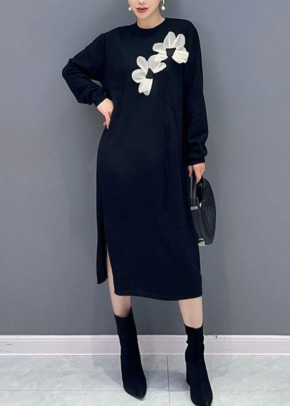 French Striped O-neck Side Open Holiday Long Dress Long Sleeve