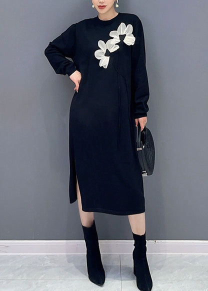 French Striped O-neck Side Open Holiday Long Dress Long Sleeve