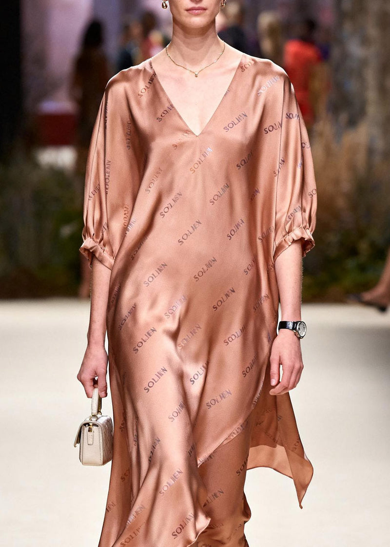 French V Neck Asymmetrical Silk Long Dress Summer