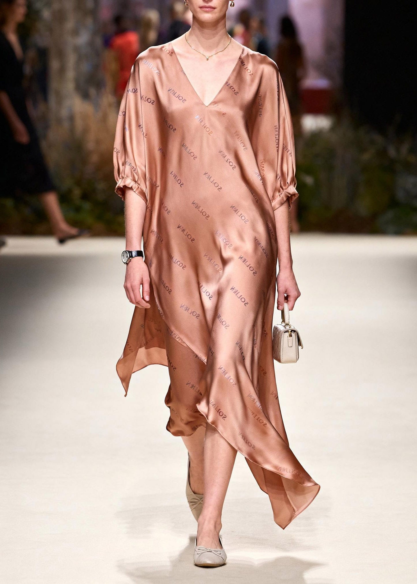 French V Neck Asymmetrical Silk Long Dress Summer