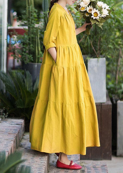 French V Neck Patchwork Spring Dresses Fabrics Yellow Dresses