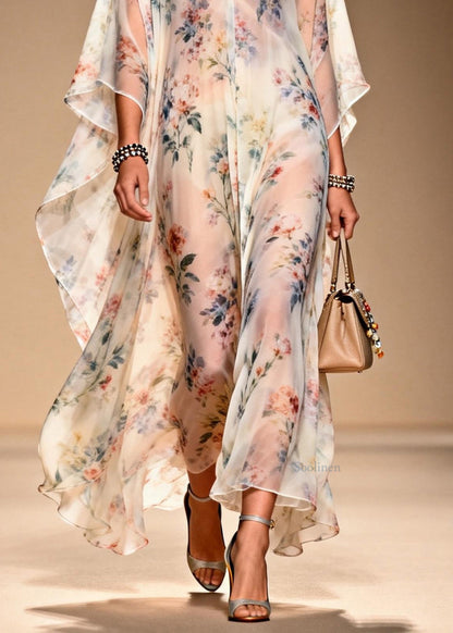 French V Neck Print Chiffon Long Dresses Summer