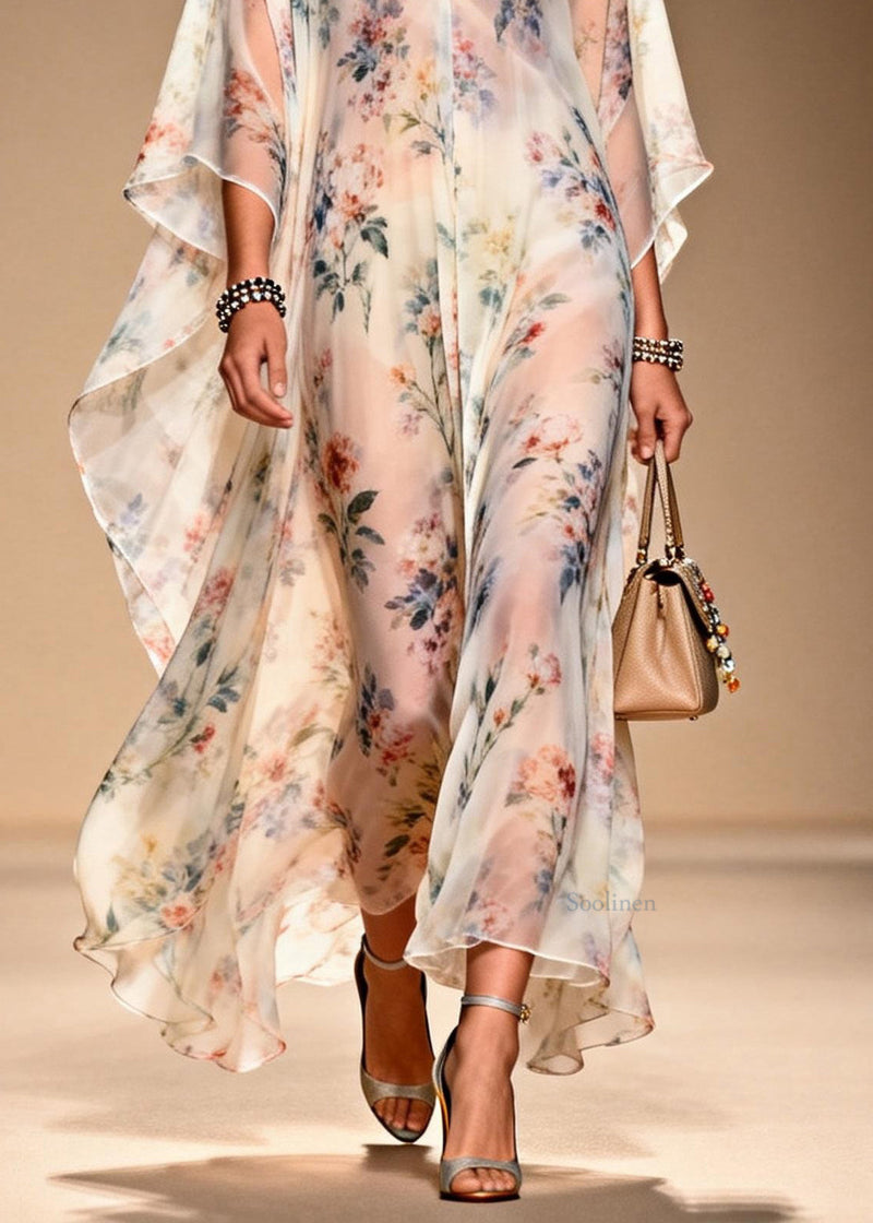 French V Neck Print Chiffon Long Dresses Summer