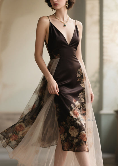 French V Neck Print Patchwork Silk Spaghetti Strap Dress Summer
