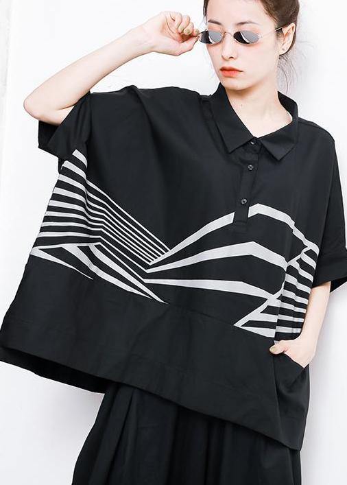 French Irregular Cotton Crane Tops Stripes High Low Hem T-shirt