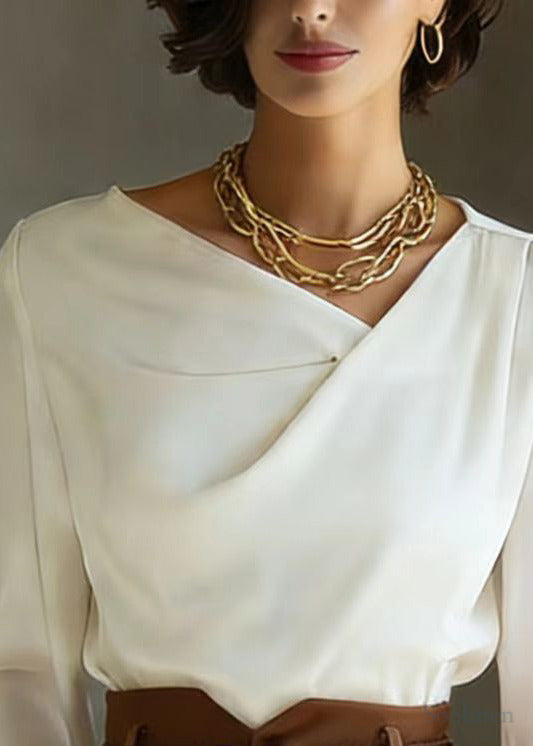 French White Asymmetrical Draping Silk Blouse Top Spring