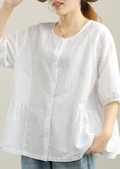 French White Brief Linen Summer Blouse Top